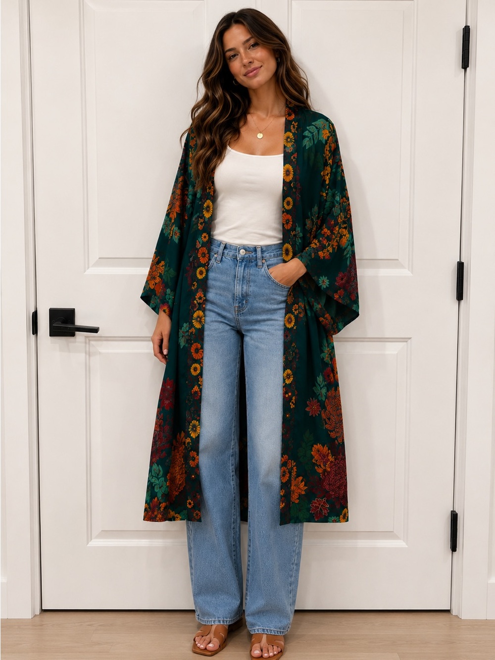 Powder O/S Emerald Green Floral Kimono Duster